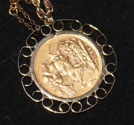 An 1898 gold full sovereign in 9ct gold pendant mount with chain.